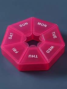 1pc 7-Grid Pill Box, Mini Portable Travel Medicine Storage Container, Multi-Functional Plastic Sealed Compartment Box With 7 Medication Dividers, Suitable For Tablets, Vitamins And Supplements, Easy To Carry For Travel, Can Also Be Used For Jewelry And Small Items, Each Round Lid Has Labeled Wording.