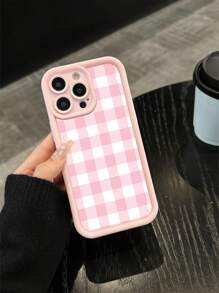 Striped 1pc Soft Pink Checkered Matte Finish Protective Phone Case Compatible With Apple 16, 15 Pro Max, 14, 14 Plus, 13, 12, 11, XS, XR, X, 7, 8, Suitable As Birthday Gift, For Girlfriend, Boyfriend Or Personal Use