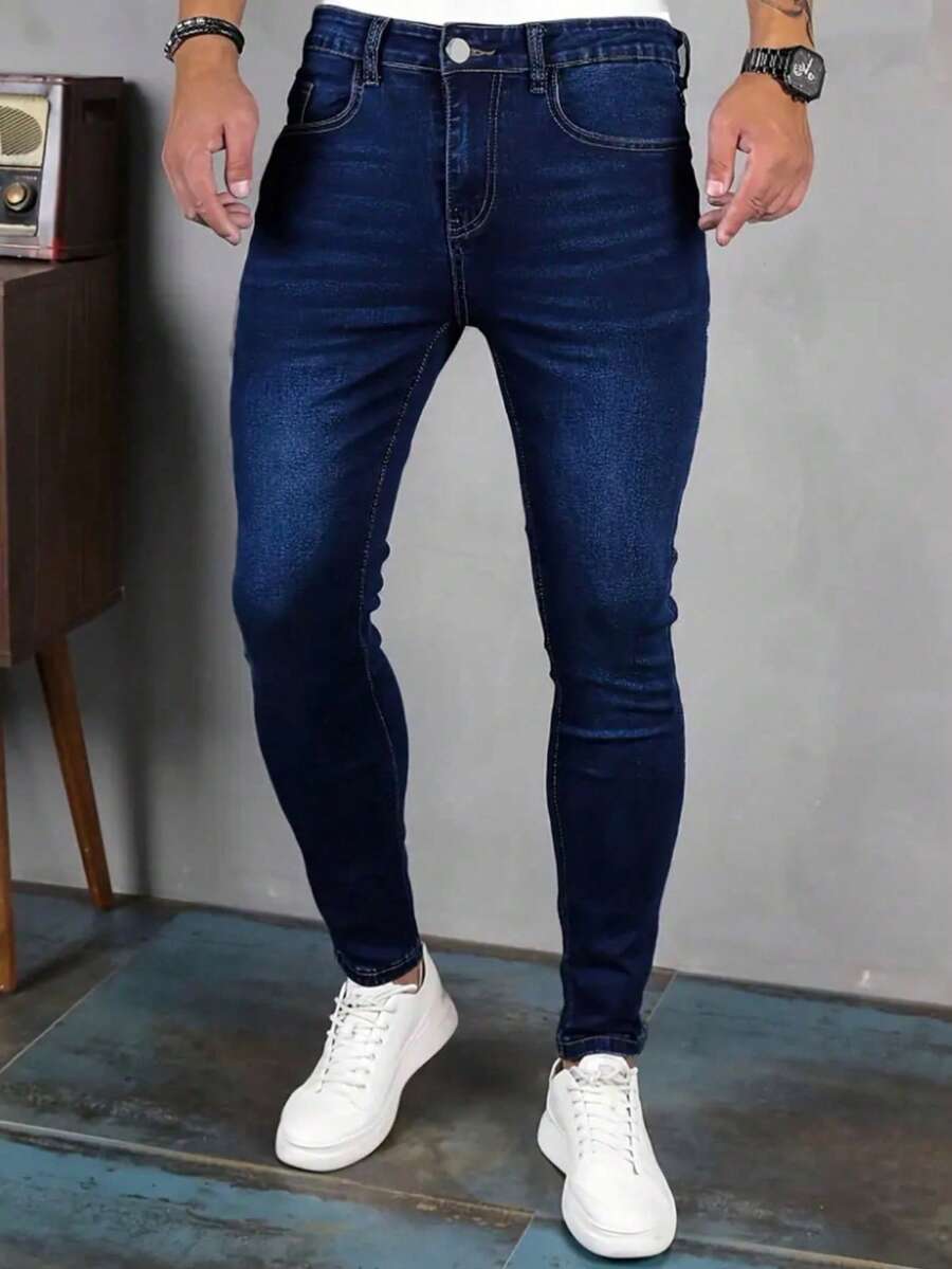 1pc Men's Blue Slim Fit Stretch Zipper Pocket Denim Long Pants - Medium Wash - View 1