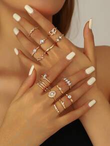 Juego de 15-16 anillos elegantes de múltiples elementos para mujer - rey blanco - Ver 6