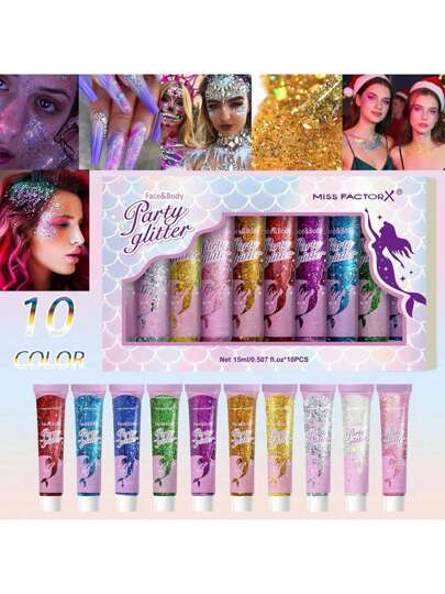 MISS FACTORX 10 colores de lentejuelas brillantes, joyas faciales autoadhesivas, aptas para Body, rostro y cabello, adecuadas para festivales, fiestas y cosplay - rostro, fáciles de aplicar y retirar