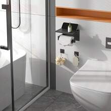 New  Matte Black Toilet Paper Holder  Shelf & 4 Towl Sticky Hooks, Self-Adhive Or Screw Mount Toilet Paper Roll Tissue Holder, SUS 304 Stainls Steel, Rustproof For RV& Bathroom Home - 黑色層架+4個掛鉤 - 查看 2