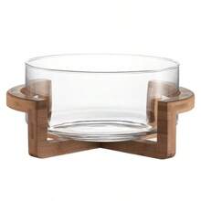 1 pieza Frutero de vidrio con base de bambú, plato para aperitivos para la sala de estar, frutero para el hogar, tazón para ensalada, tazón de bufé para restaurante, apto para el hogar, restaurante, hotel