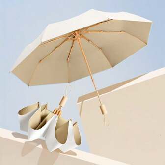 1 件 8 骨彩色涂层紧凑型折叠雨伞，带木柄，优雅晴雨两用女士遮阳伞