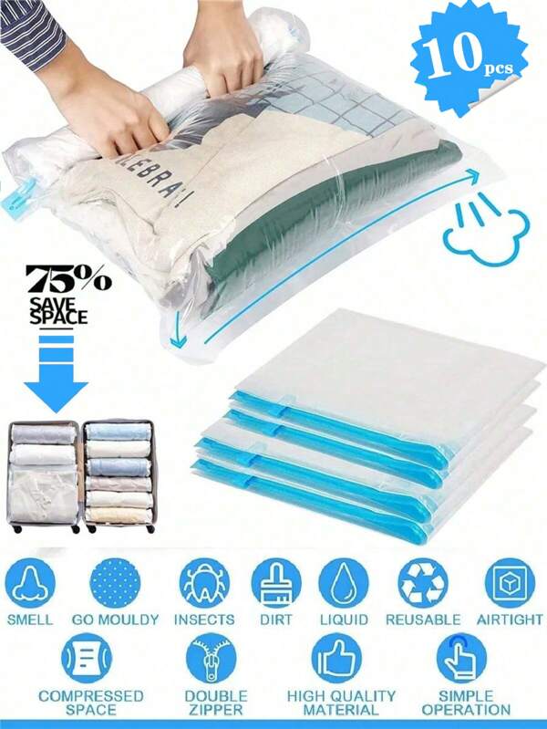 9/1pc Travel Portable Vacuum Storage Bags, Large Capacity Sealing Compression Bags, Reusable Luggage Organizer Bags, Foldable Storage Bags, Dustproof Packing Bags, Moistureproof Miscellaneous Bags, Anti-Insect, Space Saving, Made Of Waterproof PE Material, Suitable For Bedroom, Closet, Bathroom, Comforter, Save 80% Space For Shirts, Clothes, Blankets, Bedding, Essential For Summer Travel