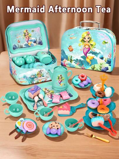 1 Set Mermaid Theme Pretend Play Tea Party Set, Including Realistic Desserts, Cakes, Coffee And Tea Service, Kitchen Play Toys Gift Set For Girls