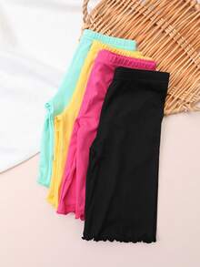 4pcs Kids Versatile Solid Color Milk Silk Material Cute Frill Trim 3/4 Length Shorts - Multicolor - View 4