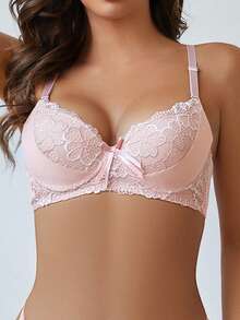 3pcs Lace Contrast Color Sexy Women Bras, French Fashion Gather Comfortable Elegant Daily Underwear