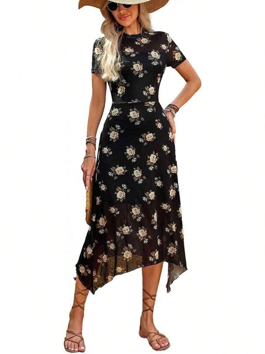 Women's 2025 Summer Floral Print Vintage Goth Dress Mesh Spliced Double-Layered Irregular Hemline Midi Dress - Multicolor - View 1