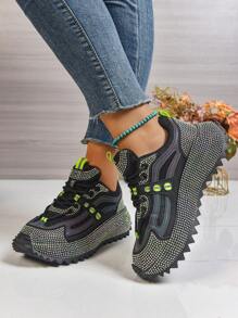 Women's Contrast Color Patchwork Breathable Anti-Slip Rhinestone Chunky Sole Serrated Platform Sneakers, Unique Design, Casual Sports Shoes, Fashion & Comfortable Versatile, Suitable For All Seasons, College Style Chunky Sneakers