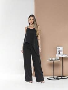 Asymmetric Blouse Set With Elegant Palazzo Pants C3142 - Black - View 3