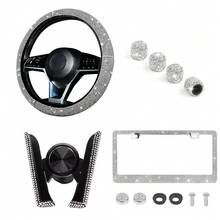 Conjunto de 4 Peças de Acessórios de Carro com Diamantes, Volante de Carro com Diamantes, Suporte de Telefone com Diamantes, Conjunto de Acessórios Internos de Válvula de Corrida com Diamantes, Conjunto de Acessórios de Carro Cintilantes com Diamantes