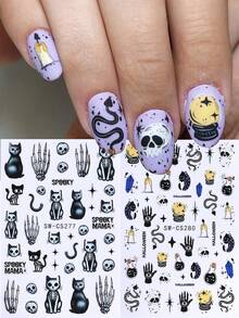 3D 万圣节骷髅美甲贴纸 2 件黑蓝色彩色恐怖骷髅手猫蜡烛漂流瓶星形骷髅字母蜈蚣卡通美甲贴花 DIY 万圣节派对装饰节日美甲主题装饰万圣节装饰 - 彩色 - 查看 2