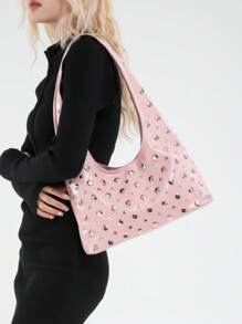 Borsa grande da donna per la primavera/estate, borsa per mamme, colore unito, decorata con borchie in stile motociclistico in PU, a forma di mezza luna, adatta per l'ufficio e lo stile casual, di stile coreano, regalo per la Festa della Mamma, borsa a tracolla, estiva, durevole, multifunzionale, con cerniera, adatta per viaggi di lavoro, grande capacità
