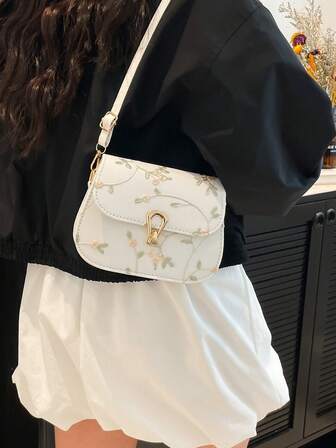 极简主义花卉刺绣迷你斜挎包，白色