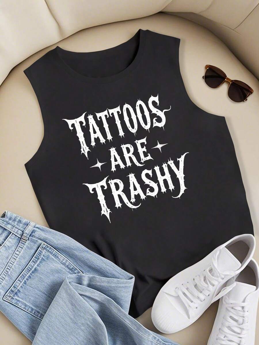 TATTOOS ARE TRASHY Edgy Grunge Women's Vest, Soft Breathable Sleeveless Crew Neck Tank Top, Oversized Casual Punk Rock Street Style, Ideal For Music Festival & Weekend Look Wear - 黑色 - 查看 1