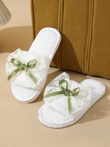 Ladies' Fur Slide Slippers With Bow Decor, Quiet Soft Indoor House Slippers, Lightweight & Comfortable Home/Maternity Wear - White Green - View 4