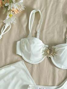 Conjunto de traje de baño de 3 piezas con top tipo tankini de unicolor, diseño de tirantes anchos con aros para un soporte cómodo, estilo de playa fashionable, perfecto para fiestas de playa y piscina en verano