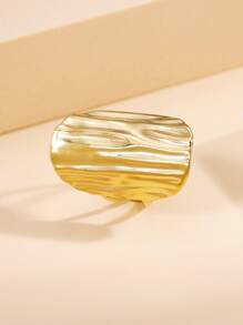 1pc Unique Textured Asymmetrical Stainless Steel Open Ring, Vintage Wide Metal Geometric Plain Band, 18K Gold Vacuum Plated, Water Resistant Fashion Jewelry For Women, Holiday Wear