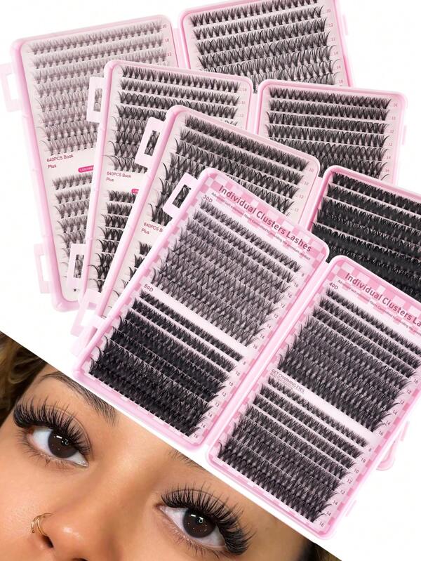 640 DIY D-Curler Eyelash Book, Super Curler Eyelash Extension Set, Multi-Style Eye Makeup Suitable For Beginners, 10-16mm Mixed Length, Natural, Cluster, Fluffy, Dense, Mixed Style, Self-Adhesive, Reusable
