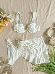 Conjunto de traje de baño de 3 piezas con top tipo tankini de unicolor, diseño de tirantes anchos con aros para un soporte cómodo, estilo de playa fashionable, perfecto para fiestas de playa y piscina en verano