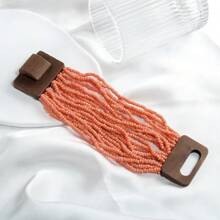 1pc New Geometric Wooden Block Clasp Elastic Multilayer Faux Pearl Beads Bracelet, Bohemian Women Jewelry