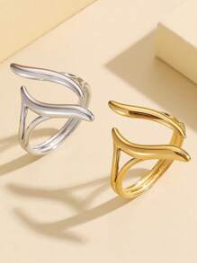 1pc Minimalist Geometric Line Cut-Out 18K Gold Plated Stainless Steel Ring, Versatile Metal Smooth Band Jewelry For Women, Waterproof For Daily Wear