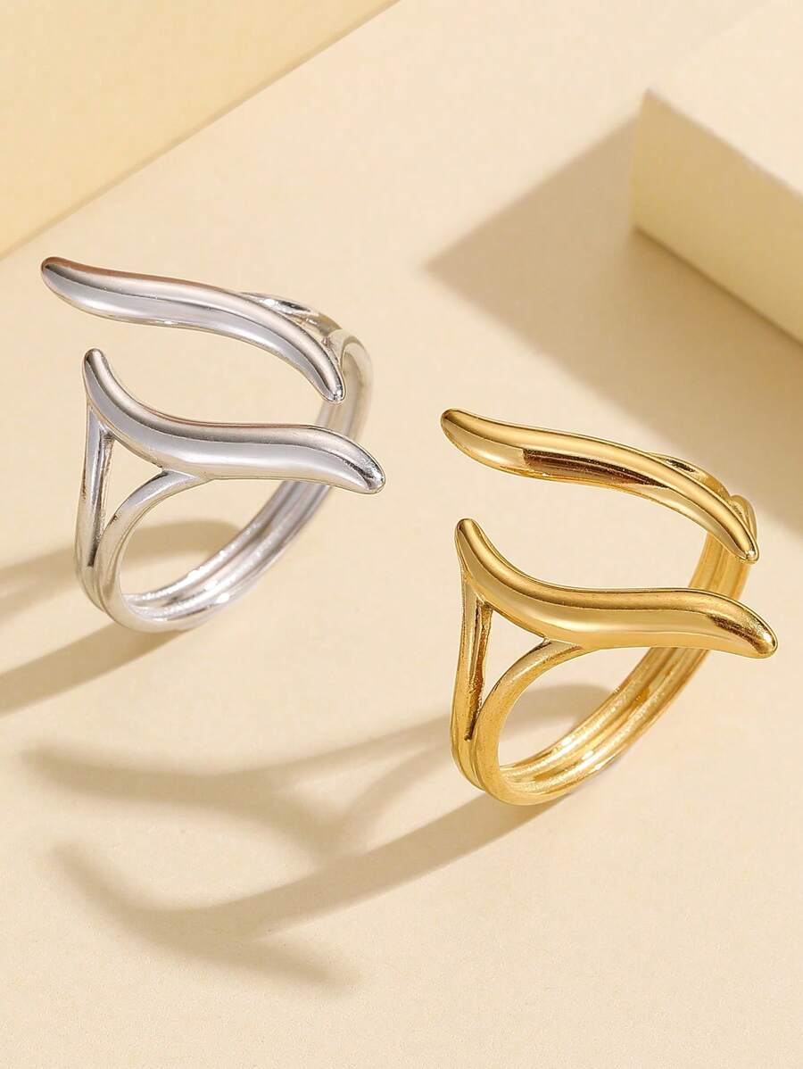 1pc Minimalist Geometric Line Cut-Out 18K Gold Plated Stainless Steel Ring, Versatile Metal Smooth Band Jewelry For Women, Waterproof For Daily Wear