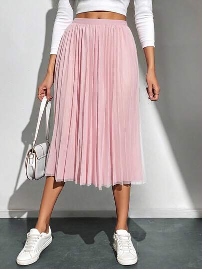 Falda midi dama mujer tejido mesh gllitter suave decorativo pretina elástica bajo recto semi plisado cómodo girly chic día noche fiesta concierto vacaciones calor primavera verano calle concierto cumpleaños