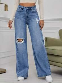 High-Quality Casual Distressed Pocket Design Wide Leg Jeans