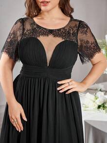 Plus Size Women Sweetheart Collar Lace Patchwork Short Sleeve Solid Color Chiffon Pleated Waist High-Low Elegant Bridesmaid Dress - 黑色 - 查看 6