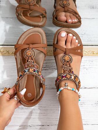 1 Pair Flat Bohemian Style Beaded PU Leather Sandals, Suitable For Beach, Party And Summer Vacation