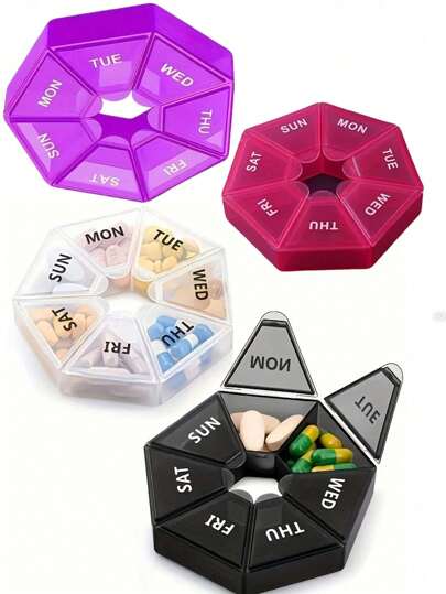 1 pieza Caja de pastillas de 7 compartimentos, estuche de viaje portátil mini para almacenar medicamentos, caja de compartimentos sellada de plástico multifuncional con 7 divisores de medicamentos, adecuada para tabletas, vitaminas y suplementos, fácil de llevar en viajes, también se puede usar para joyas y artículos pequeños, cada tapa redonda tiene una etiqueta con palabras.