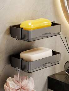 1个13.3厘米*8.3厘米壁挂式皂盒,无需钻孔,独特的塑料皂液器,皂架,带沥水架的皂盒,适用于浴室、卫生间和厨房的塑料免钻孔皂盒,壁挂式带托盘皂盒,适用于宿舍和家居装饰,节省空间,无需钻孔壁挂式矩形设计,带沥水架和挂钩,浴室配件,浴室装饰,浴室,浴室配件。返校季 - 彩色 - 查看 2