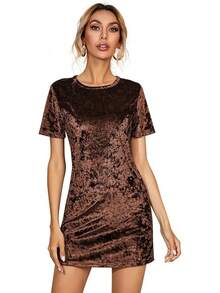 Women's Summer Short Sleeve Crushed Velvet Short Dresses - Brown - View 1
