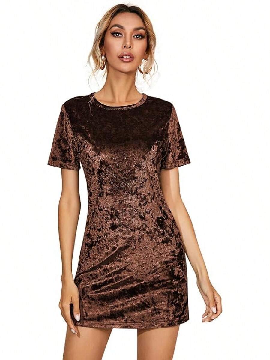 Women's Summer Short Sleeve Crushed Velvet Short Dresses - Brown - View 1