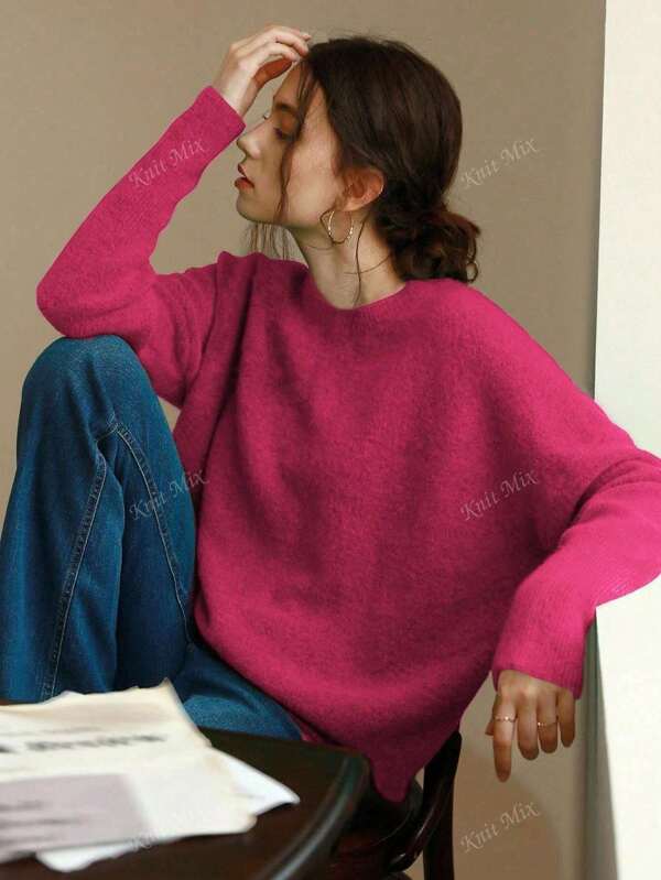 Knit Mix Women's Knitted French Commuter Sweater, Casual Loose-Fitting Long Sleeve Round Neck Pullover For Fall & Winter, Valentine's Day Gift Idea Back To School Fall Women Clothes Autumn