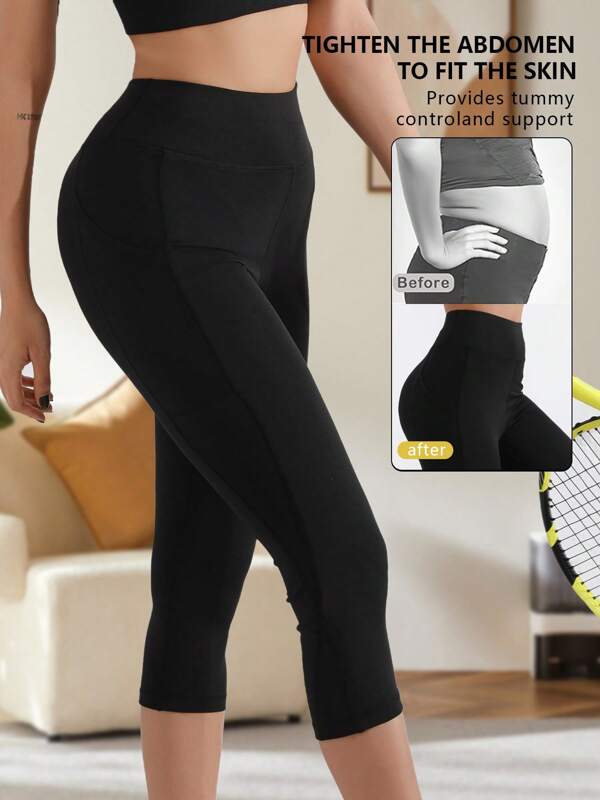 2025 High Waisted Pocket Seven Quarter Yoga Pants, Sports Shorts, Leggings, Casual Pants, Tight Pants, Shark Pants, Sexy Belly Tightening And Slimming, Tight Fitting And Hip Lifting, Suitable For Outdoor Leisure, Sports, Fitness, Cycling, Dating, Suitable For Mobile Phones. [ Women's Clothing Factory Quality Specified Version ]