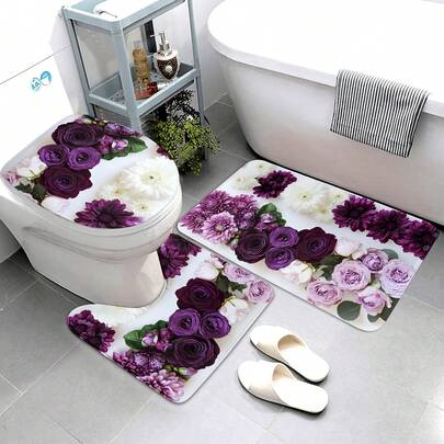 1/3/4pcs Purple Rose Printed Bath Mat Set, Washable Bathroom Floor Carpet, Includes Bath Rug, U-Shaped Toilet Mat - Suitable For Valentine's Day, Halloween, Christmas Decoration And Holiday Gifts Bathroom Decor