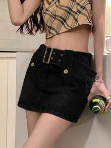 垃圾摇滚弧形下摆牛仔裙（配可拆卸腰带）（夏季） - 黑色 - 查看 2