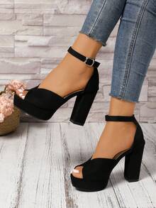 Women's Summer New Chunky Heel Strap Buckle Sandals, Fashion Sexy High Platform T-Stage Super High Heel Open Toe Black Suede Pumps - Black - View 6