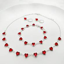 Women's Colorful Heart Necklace + Bracelet And Earrings Set In 925 Silver Plated - 紅色 - 查看 1