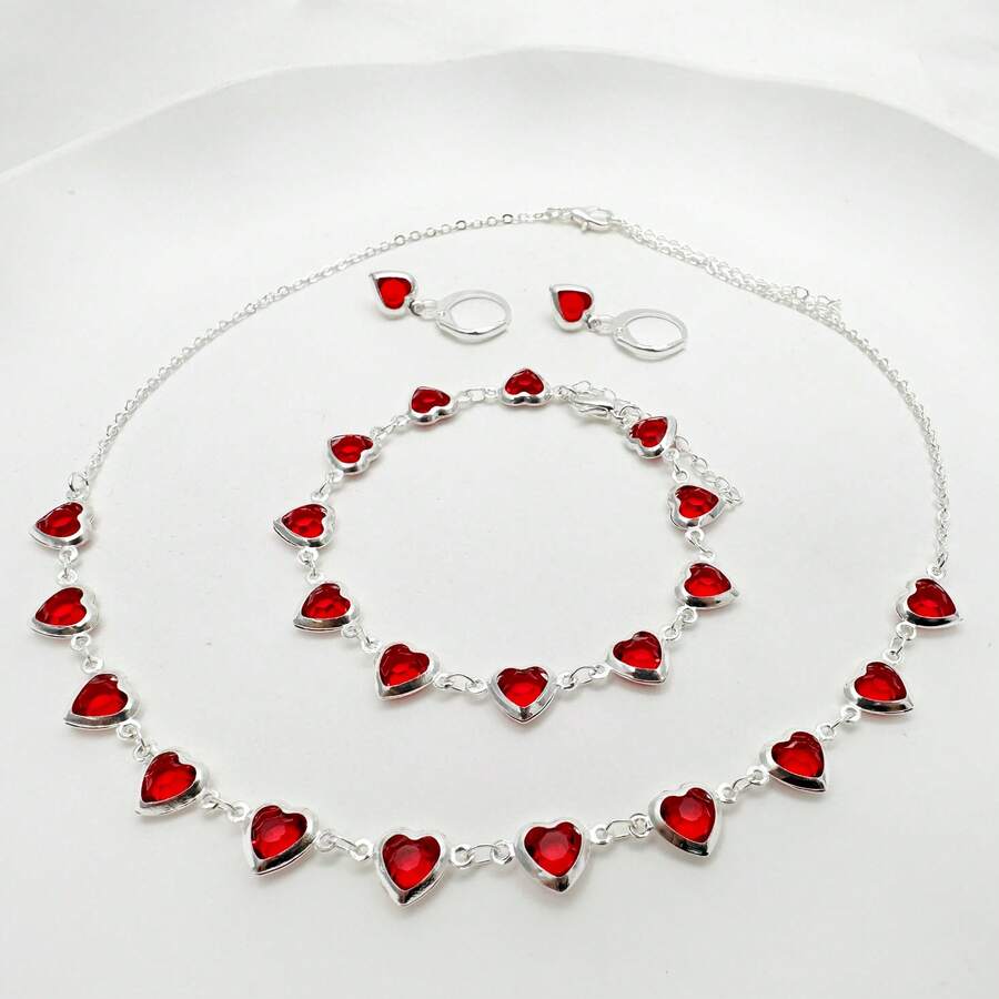 Women's Colorful Heart Necklace + Bracelet And Earrings Set In 925 Silver Plated - 紅色 - 查看 1