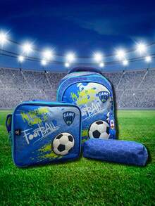 Set de mochila de futbol 3 piezas incluye lonchera y lapicero mochila escolar resistente diseño deportes organización uso diario compartimentos - Celeste - Ver 2
