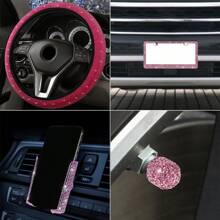 Conjunto de 4 Peças de Acessórios de Carro com Diamantes, Volante de Carro com Diamantes, Suporte de Telefone com Diamantes, Conjunto de Acessórios Internos de Válvula de Corrida com Diamantes, Conjunto de Acessórios de Carro Cintilantes com Diamantes