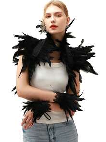 羽毛披肩和羽毛腕袖套装，羽毛披肩服装羽毛耸肩披肩万圣节服装领子哥特式维多利亚风格适合万圣节、狂欢节、朋克派对、化妆舞会 - 彩色 - 查看 14