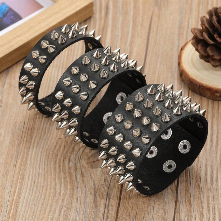 Brazalete de cuero negro exagerado con remaches, brazalete de remaches con picos, brazalete gótico punk de motocicleta, brazalete de cuero ancho, brazalete de puño, brazalete de hebilla metálica, unisex - Negro - Ver 1