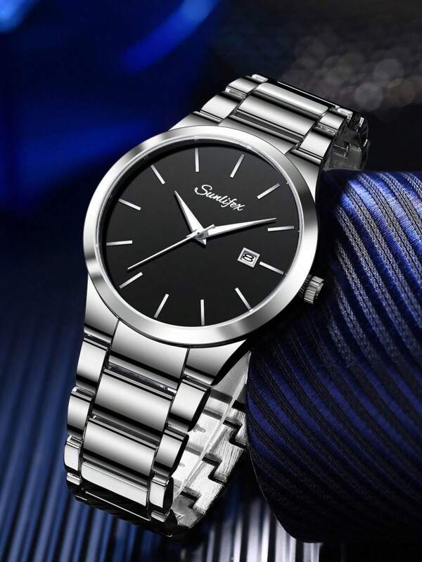 1 pezzo Orologio da uomo in acciaio inossidabile, argento, nero, impermeabile, rotondo, semplice, economico, con calendario, di qualità premium, glow in the dark, casual, adatto all'uso quotidiano, regalo per uomo