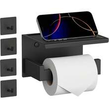 New  Matte Black Toilet Paper Holder  Shelf & 4 Towl Sticky Hooks, Self-Adhive Or Screw Mount Toilet Paper Roll Tissue Holder, SUS 304 Stainls Steel, Rustproof For RV& Bathroom Home - 黑色層架+4個掛鉤 - 查看 1