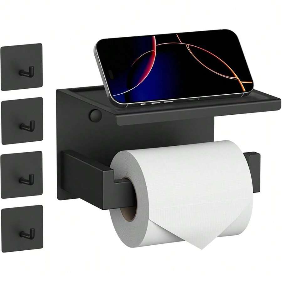 New Matte Black Toilet Paper Holder Shelf & 4 Towl Sticky Hooks, Self-Adhive Or Screw Mount Toilet Paper Roll Tissue Holder, SUS 304 Stainls Steel, Rustproof For RV& Bathroom Home - 黑色層架+4個掛鉤 - 查看 1